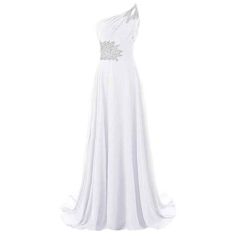 Elegant one shoulder chiffon bridesmaid dress with sparkling silver embellishments and flowing skirt