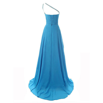 Blue one shoulder ombre prom dress with a flowing floor-length skirt and lace-up back