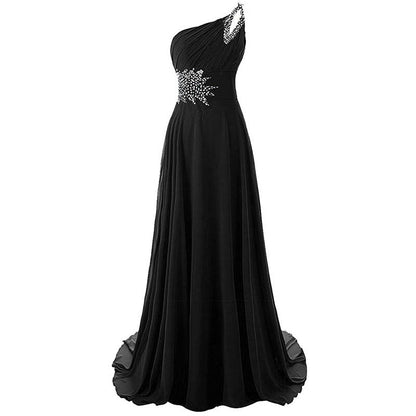 Elegant black one shoulder ombre prom dress with embellished waist and flowing skirt