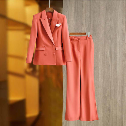 Women Coral Blazer + Mid-High Rise Flare Trousers Pants Suit Pantsuit Office Suit Formal Suit