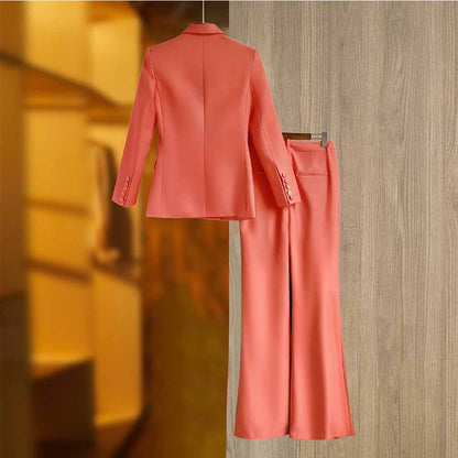 Women Coral Blazer + Mid-High Rise Flare Trousers Pants Suit Pantsuit Office Suit Formal Suit