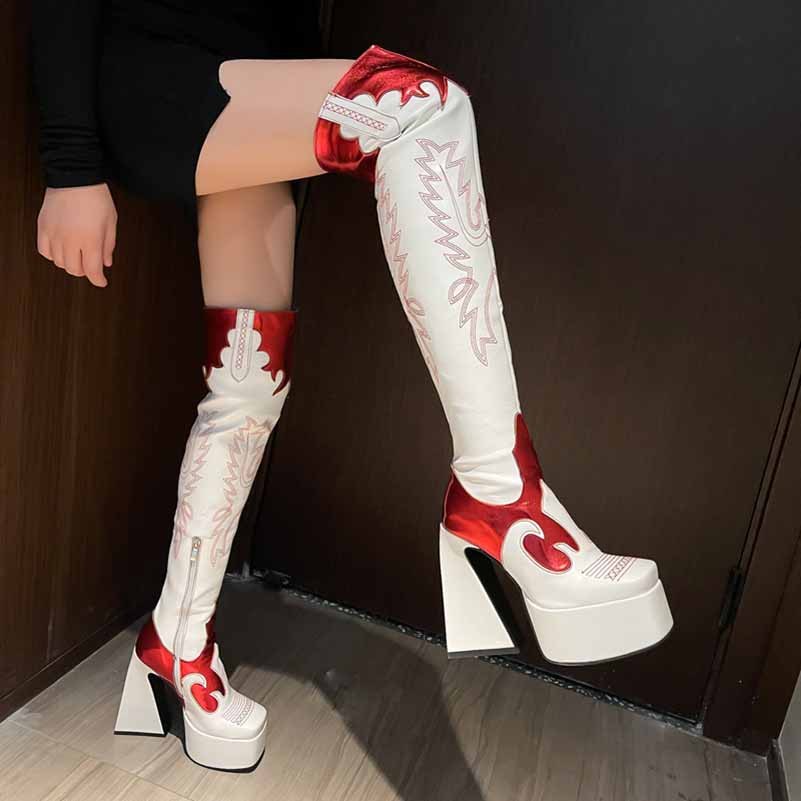 Over The Knee Chunky Embroidery Boots Halloween Boot