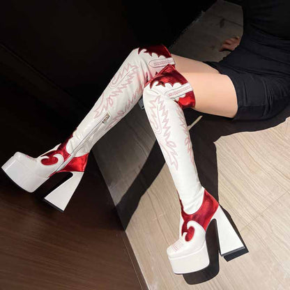 Over The Knee Chunky Embroidery Boots Halloween Boot