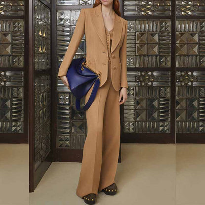 Women Khaki Pantsuits Fitted Blazer + Mid-High Waist Flared Trousers Suit