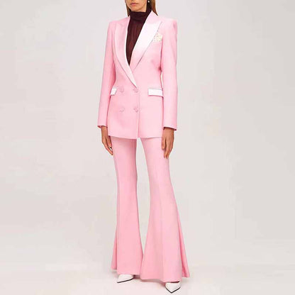 Stylish pink blazer pantsuit for women with flared pants and contrasting lapels