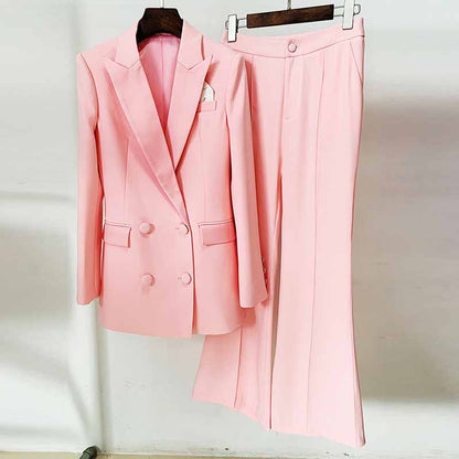 Elegant pink blazer pantsuit for women featuring a double-breasted blazer and flared trousers