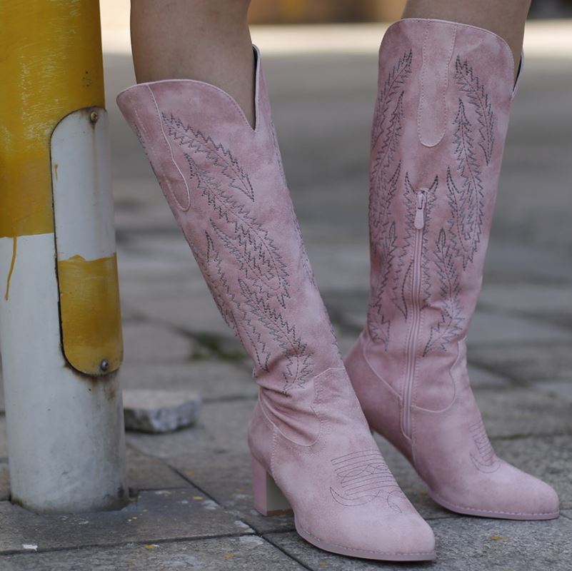 Stylish pink cowboy boots for bridesmaids with intricate embroidery and a chic design