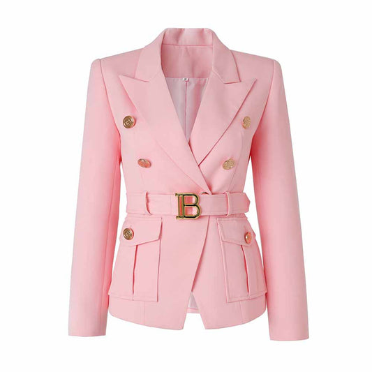 Women's Luxury Fitted Pink Blazer Golden Lion Buttons Coat Belted Jacket