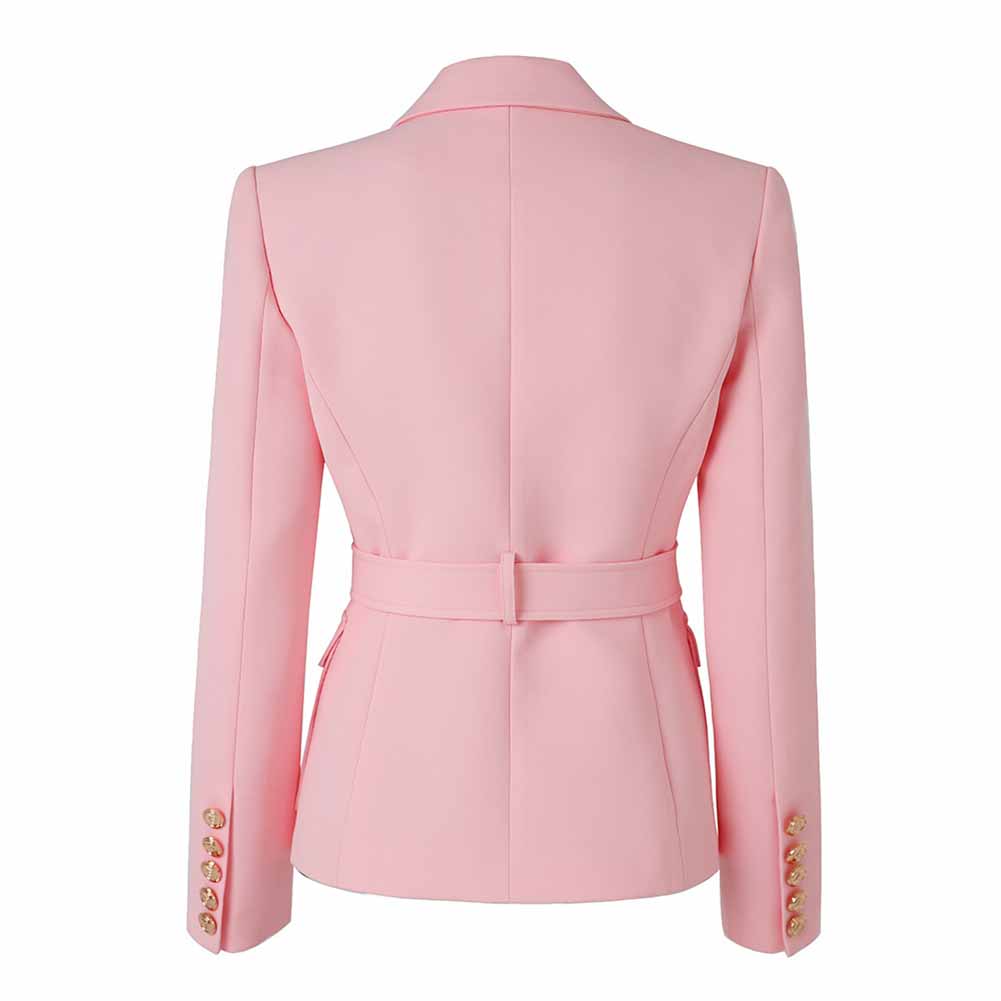 Women's Luxury Fitted Pink Blazer Golden Lion Buttons Coat Belted Jacket