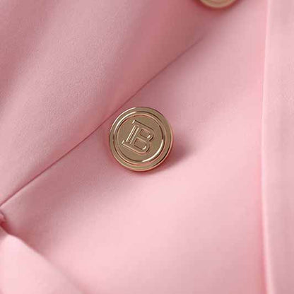 Women's Luxury Fitted Pink Blazer Golden Lion Buttons Coat Belted Jacket