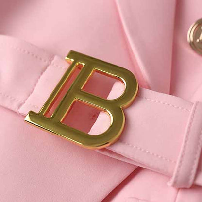 Women's Luxury Fitted Pink Blazer Golden Lion Buttons Coat Belted Jacket