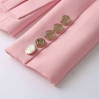 Women's Luxury Fitted Pink Blazer Golden Lion Buttons Coat Belted Jacket