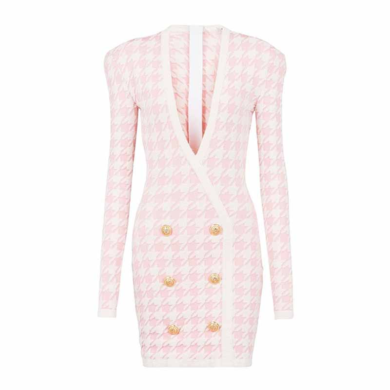 Women Long Sleeves Slim Fit Checkered Knitted Dress Mini Body-con Dresses