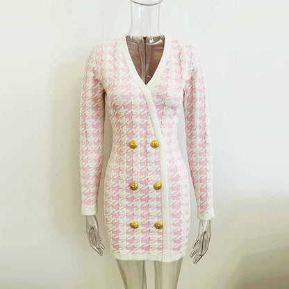 Women Long Sleeves Slim Fit Checkered Knitted Dress Mini Body-con Dresses