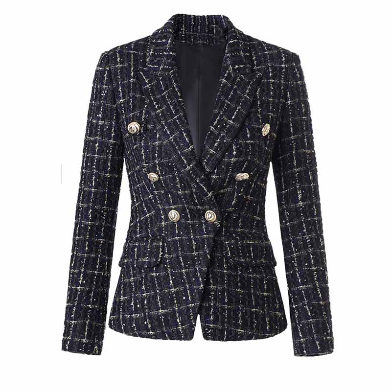 Womens Plaid Tweed Blazer Double Breasted Gold Buttons Woolen Blazer