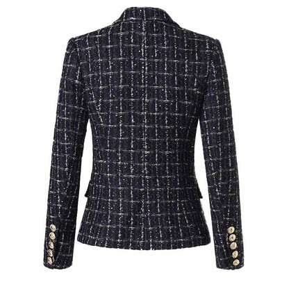 Womens Plaid Tweed Blazer Double Breasted Gold Buttons Woolen Blazer