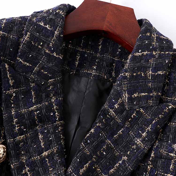 Womens Plaid Tweed Blazer Double Breasted Gold Buttons Woolen Blazer