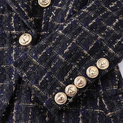 Womens Plaid Tweed Blazer Double Breasted Gold Buttons Woolen Blazer