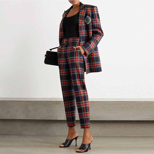 Plaid Print Double Breasted Suit Checked Ladies Pantsuits