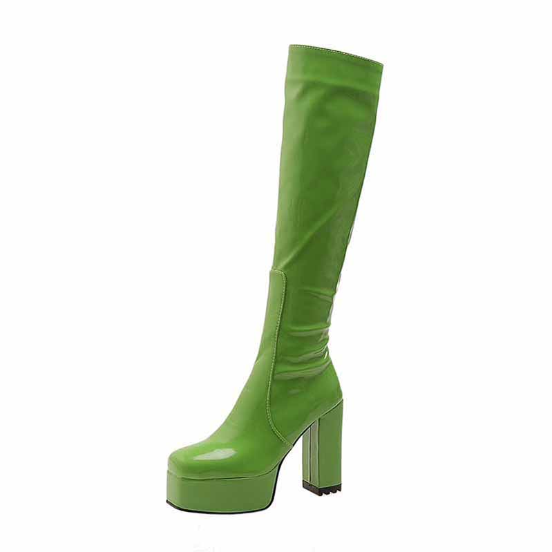 Glossy Green Platform High Heel Boots for Women with Chunky Heels and Knee-High Design