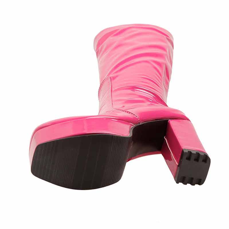 Bright pink platform high heel boots for women with a stylish glossy finish and chunky heel