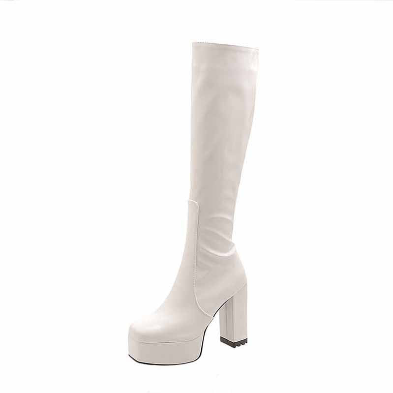 Stylish white platform high heel boots for women with a sleek design and chunky heel