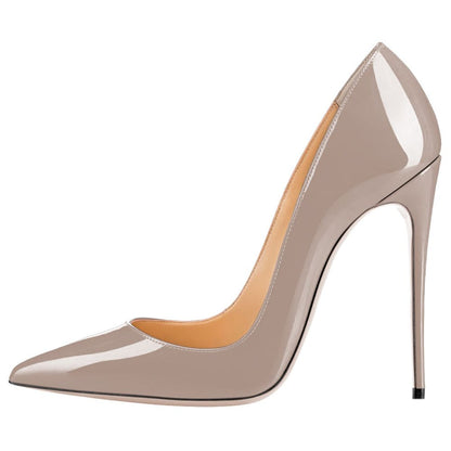 pointed toe prom shoes in nude patent leather with high stiletto heels