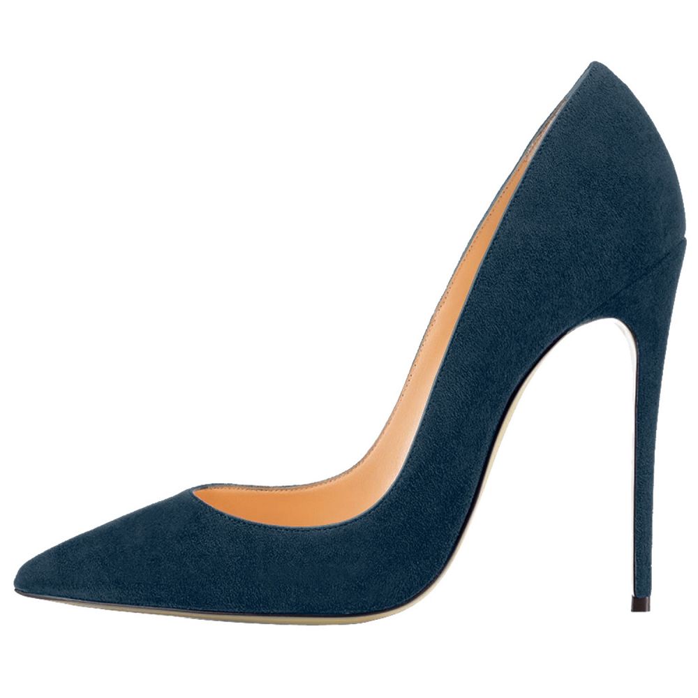 Elegant navy suede pointed toe stiletto shoes evening with a sleek, high heel design