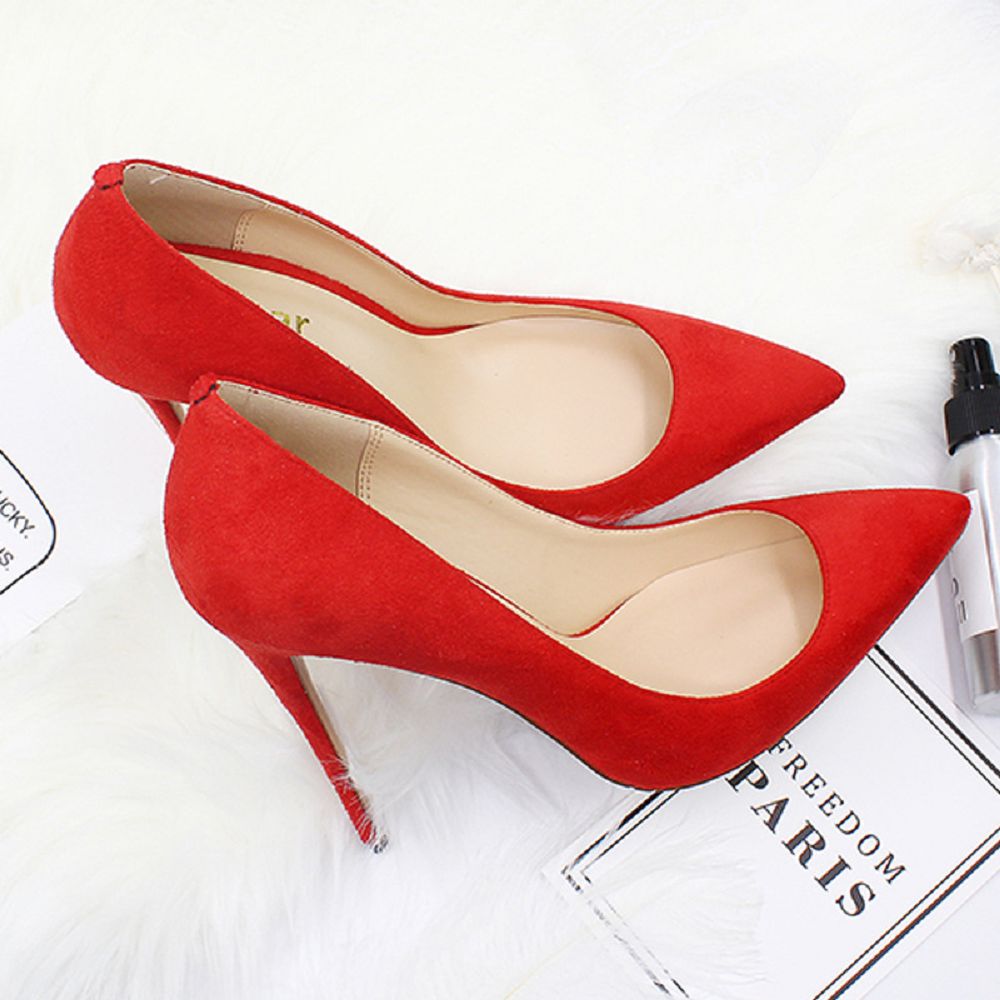 Red suede pointed toe stiletto shoes evening with elegant cut-out design for stylish occasions