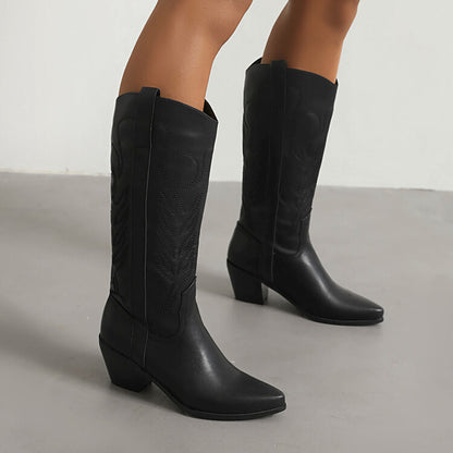 Black pointed toe western knee high boots with stylish stitching and chunk heel for cowgirl fashion