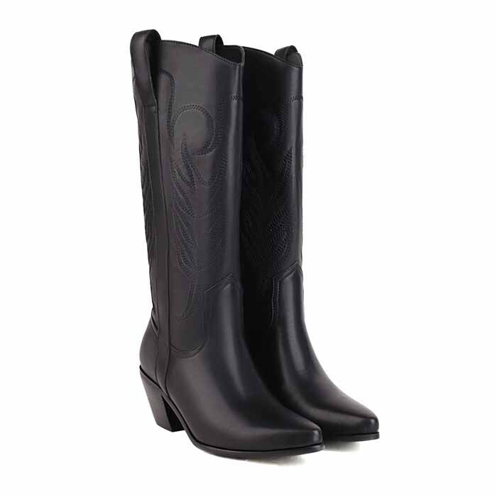 Black pointed toe western knee high boots with detailed stitching for stylish cowgirl looks