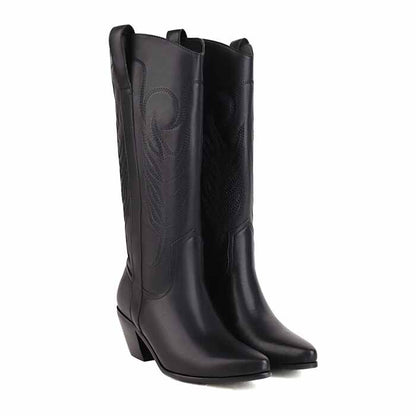 Black pointed toe western knee high boots with detailed stitching for stylish cowgirl looks