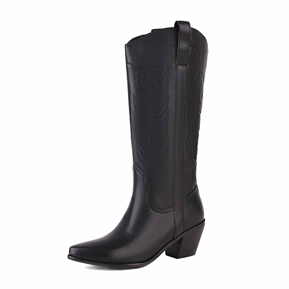 Black pointed toe western knee high boots with decorative stitching and a stylish heel