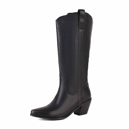 Black pointed toe western knee high boots with decorative stitching and a stylish heel