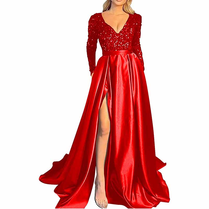 Sparkly Satin Wedding Dress with Pocket Long Sleeve Split Prom Gowns Winter Event Dress