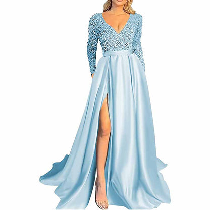 Sparkly Satin Wedding Dress with Pocket Long Sleeve Split Prom Gowns Winter Event Dress