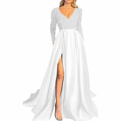 Sparkly Satin Wedding Dress with Pocket Long Sleeve Split Prom Gowns Winter Event Dress