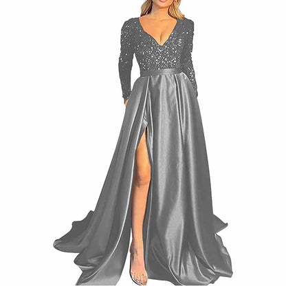 Sparkly Satin Wedding Dress with Pocket Long Sleeve Split Prom Gowns Winter Event Dress