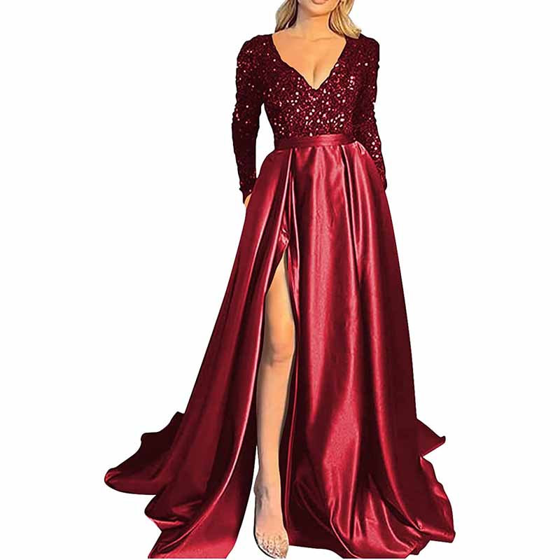 Sparkly Satin Wedding Dress with Pocket Long Sleeve Split Prom Gowns W SD Dresscode & Fashiontrends Sparkly Satin Wedding Dress with Pocket Long Sleeve Split Prom Gowns W SD Dresscode & Fashiontrends