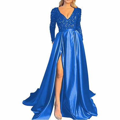 Sparkly Satin Wedding Dress with Pocket Long Sleeve Split Prom Gowns W SD Dresscode & Fashiontrends Sparkly Satin Wedding Dress with Pocket Long Sleeve Split Prom Gowns W SD Dresscode & Fashiontrends