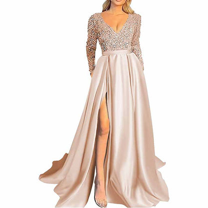 Sparkly Satin Wedding Dress with Pocket Long Sleeve Split Prom Gowns Winter Event Dress