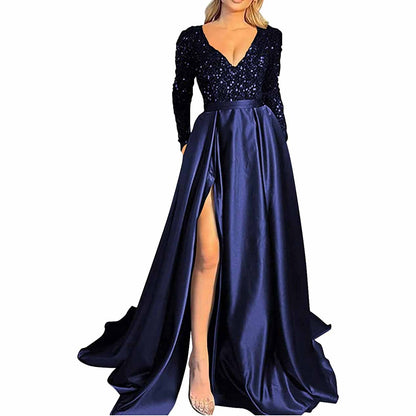 Sparkly Satin Wedding Dress with Pocket Long Sleeve Split Prom Gowns Winter Event Dress