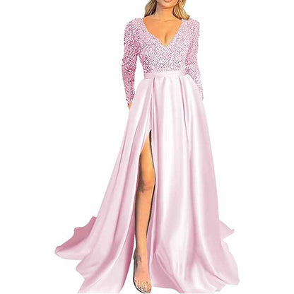 Sparkly Satin Wedding Dress with Pocket Long Sleeve Split Prom Gowns Winter Event Dress