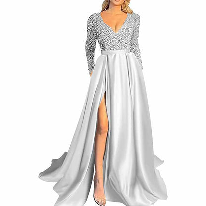 Sparkly Satin Wedding Dress with Pocket Long Sleeve Split Prom Gowns Winter Event Dress