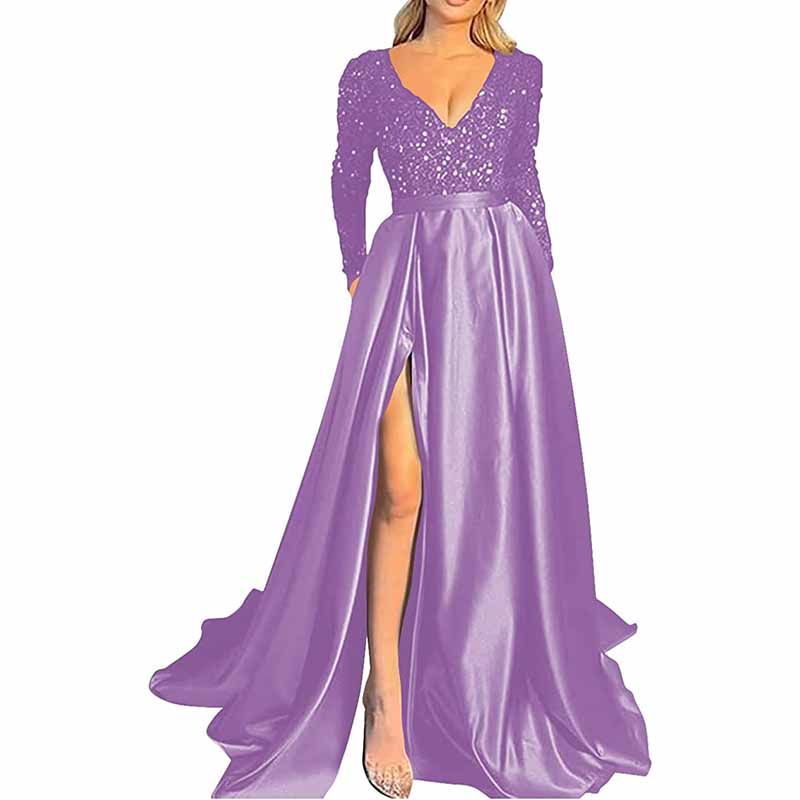 Women's Sparkly Long Sleeve Prom Dresses with Pockets Lace up Satin Party Gowns