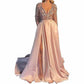 Sparkly Satin Wedding Dress with Pocket Long Sleeve Split Prom Gowns Winter Event Dress
