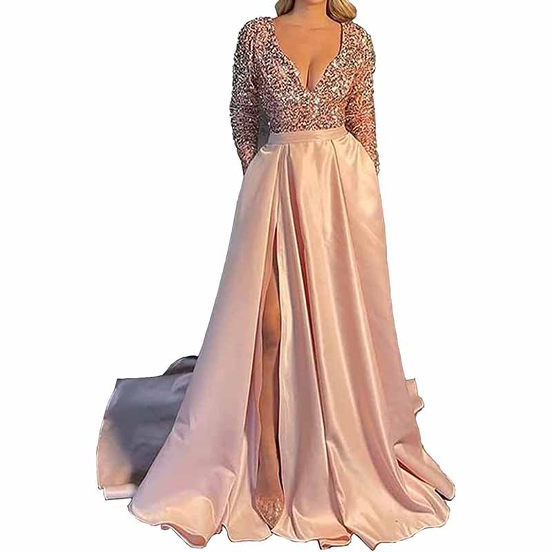 Women's Sparkly Long Sleeve Prom Dresses with Pockets Lace up Satin Party Gowns