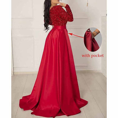 Sparkly Satin Wedding Dress with Pocket Long Sleeve Split Prom Gowns Winter Event Dress