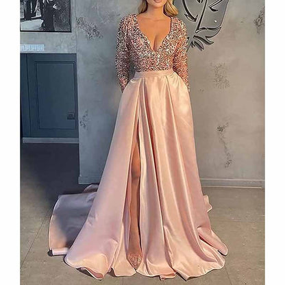 Sparkly Satin Wedding Dress with Pocket Long Sleeve Split Prom Gowns Winter Event Dress