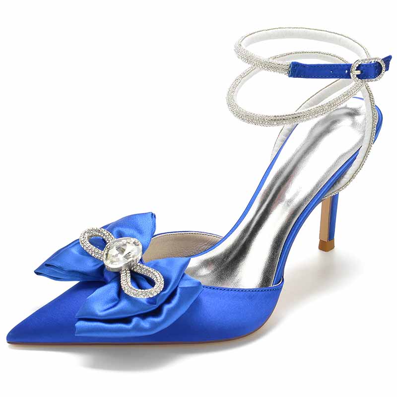Women's Pointy Toe Satin Heeled Ankle Strap Rhinestone Bowknots Stilettos Wedding Shoes